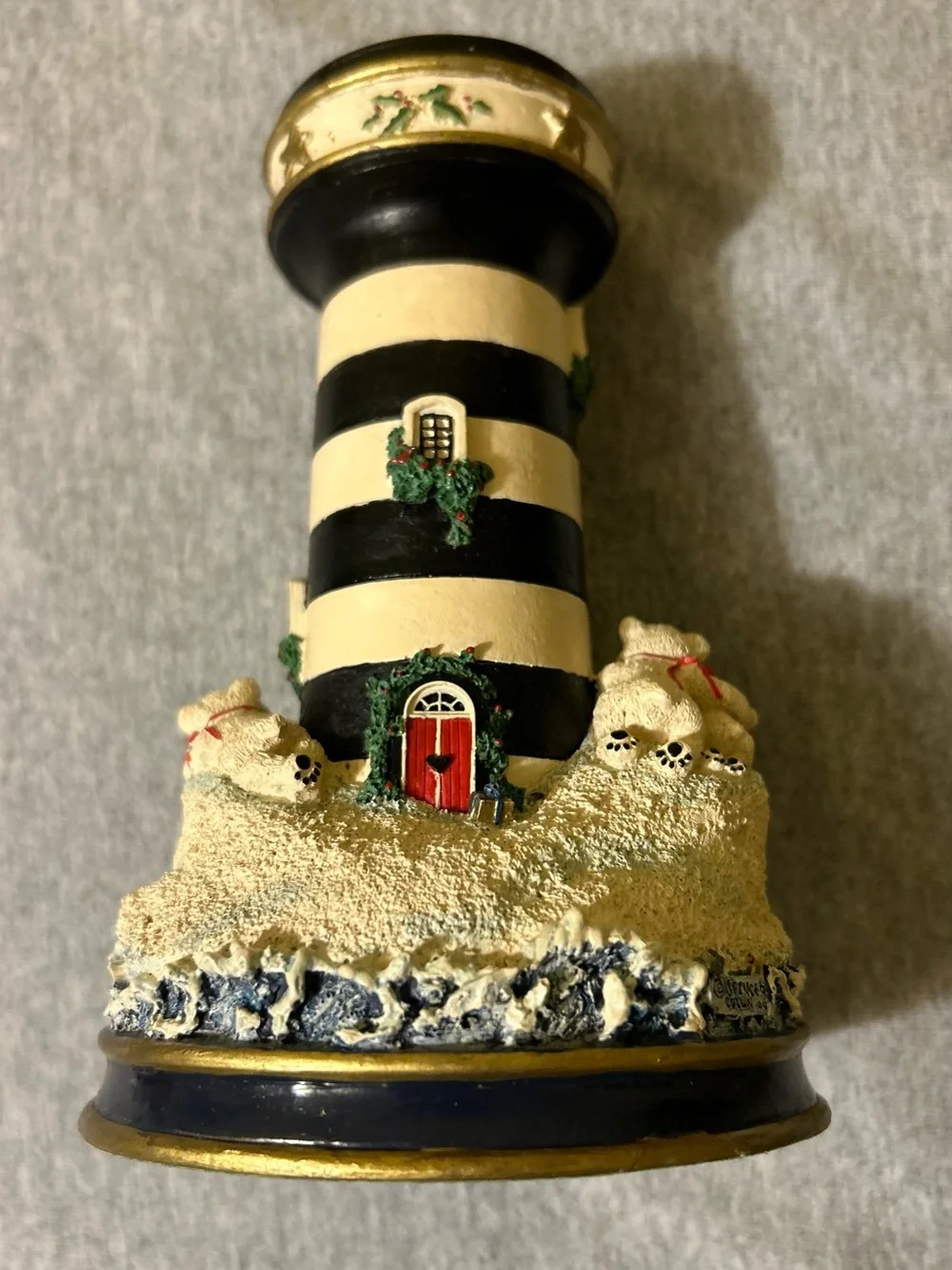 Danbury Mint Black and White Striped Lighthouse with Red Bow and Holiday Accents